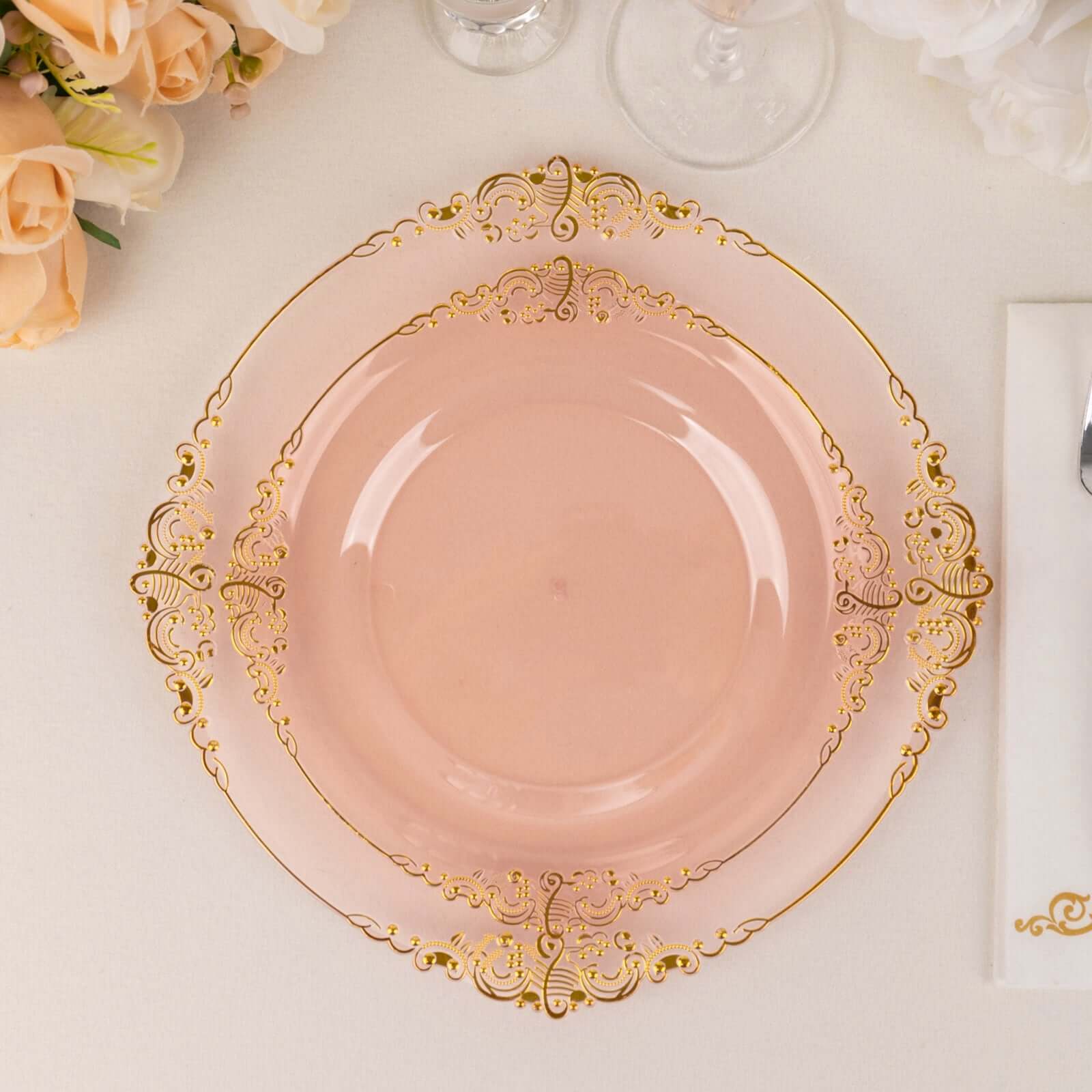 10 - Pack Plastic 8" Round Dessert Plates in Transparent Blush with Gold Leaf Embossed Rim - Disposable Vintage Baroque Style Salad Plates - Bell Racket Store