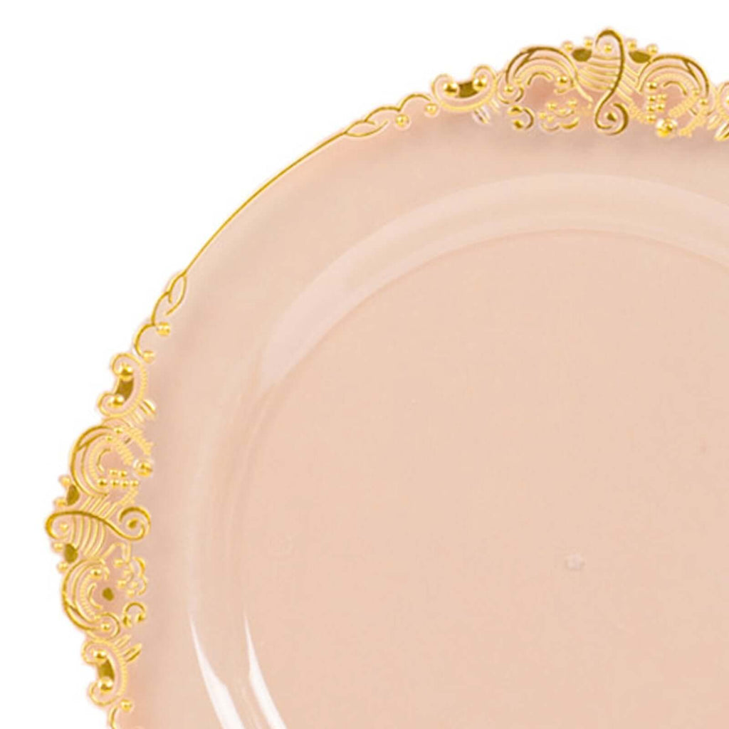 10 - Pack Plastic 8" Round Dessert Plates in Transparent Blush with Gold Leaf Embossed Rim - Disposable Vintage Baroque Style Salad Plates - Bell Racket Store