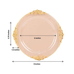 10 - Pack Plastic 8" Round Dessert Plates in Transparent Blush with Gold Leaf Embossed Rim - Disposable Vintage Baroque Style Salad Plates - Bell Racket Store