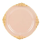 10 - Pack Plastic 8" Round Dessert Plates in Transparent Blush with Gold Leaf Embossed Rim - Disposable Vintage Baroque Style Salad Plates - Bell Racket Store