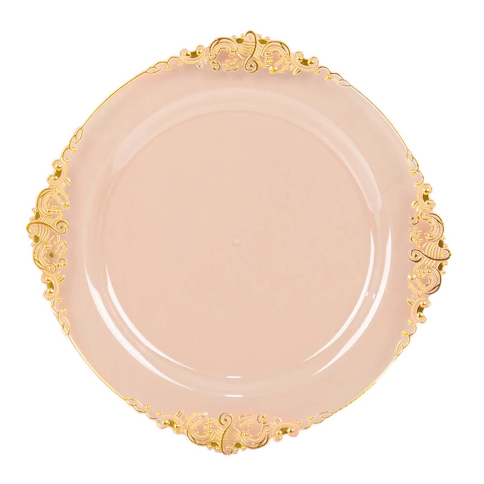 10 - Pack Plastic 8" Round Dessert Plates in Transparent Blush with Gold Leaf Embossed Rim - Disposable Vintage Baroque Style Salad Plates - Bell Racket Store