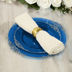 10 - Pack Plastic 8" Round Dessert Plates in Transparent Navy Blue with Silver Leaf Embossed Rim - Disposable Vintage Baroque Style Salad Plates - Bell Racket Store