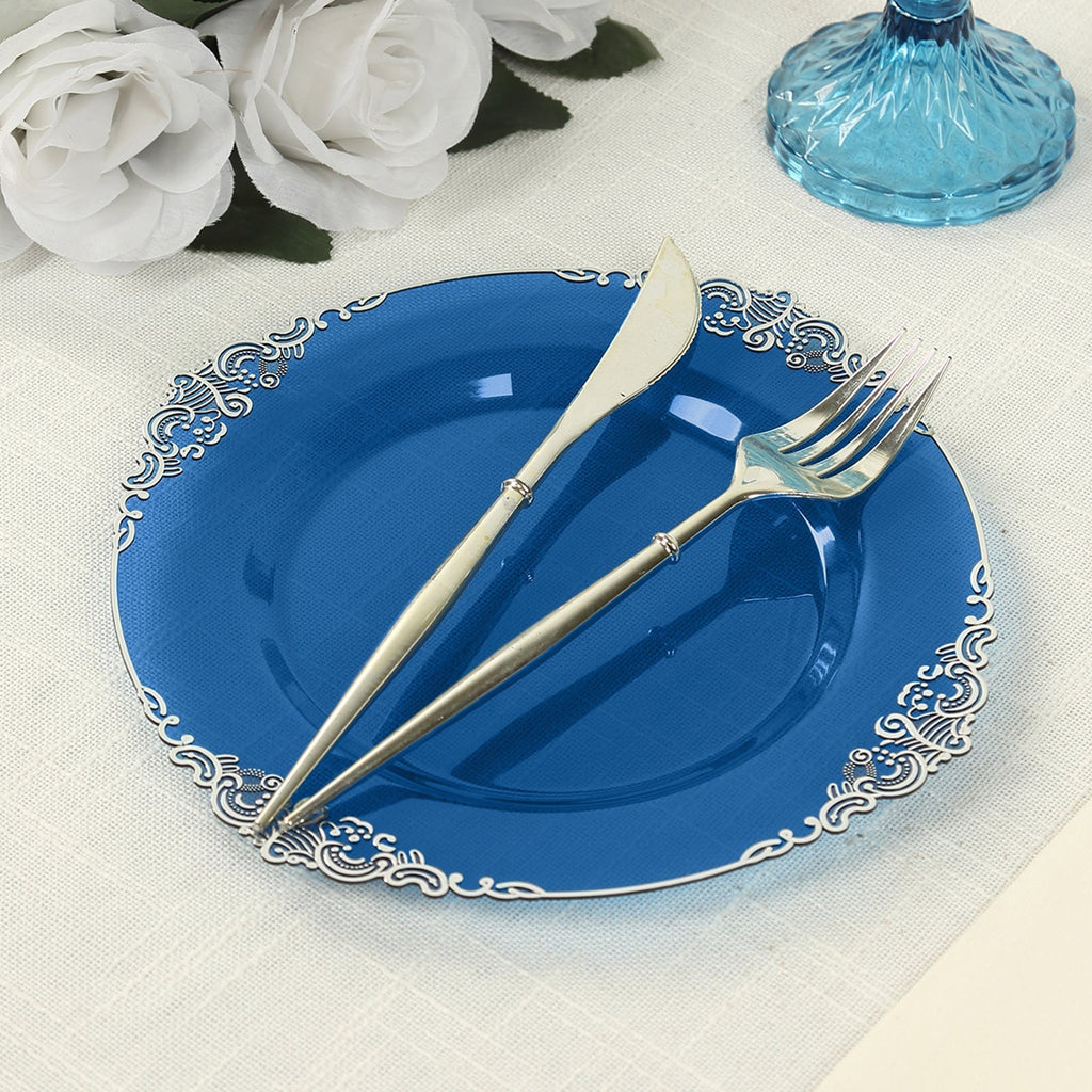 10 - Pack Plastic 8" Round Dessert Plates in Transparent Navy Blue with Silver Leaf Embossed Rim - Disposable Vintage Baroque Style Salad Plates - Bell Racket Store