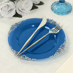 10 - Pack Plastic 8" Round Dessert Plates in Transparent Navy Blue with Silver Leaf Embossed Rim - Disposable Vintage Baroque Style Salad Plates - Bell Racket Store