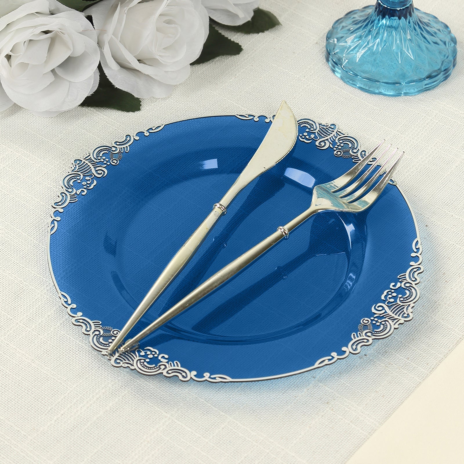 10 - Pack Plastic 8" Round Dessert Plates in Transparent Navy Blue with Silver Leaf Embossed Rim - Disposable Vintage Baroque Style Salad Plates - Bell Racket Store