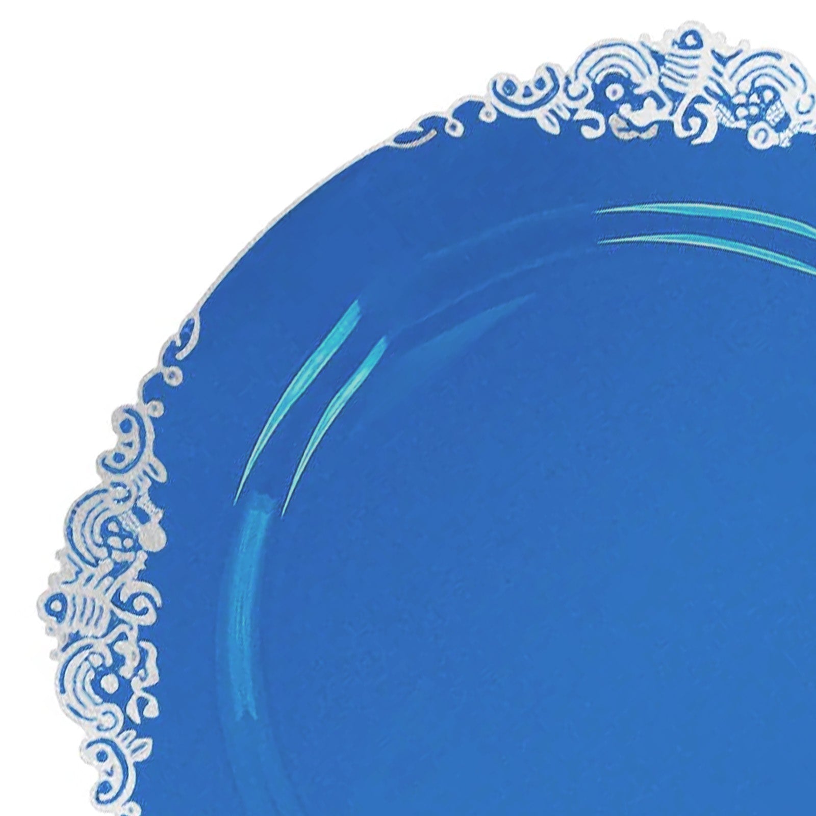 10 - Pack Plastic 8" Round Dessert Plates in Transparent Navy Blue with Silver Leaf Embossed Rim - Disposable Vintage Baroque Style Salad Plates - Bell Racket Store