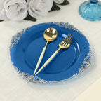 10 - Pack Plastic 8" Round Dessert Plates in Transparent Navy Blue with Silver Leaf Embossed Rim - Disposable Vintage Baroque Style Salad Plates - Bell Racket Store