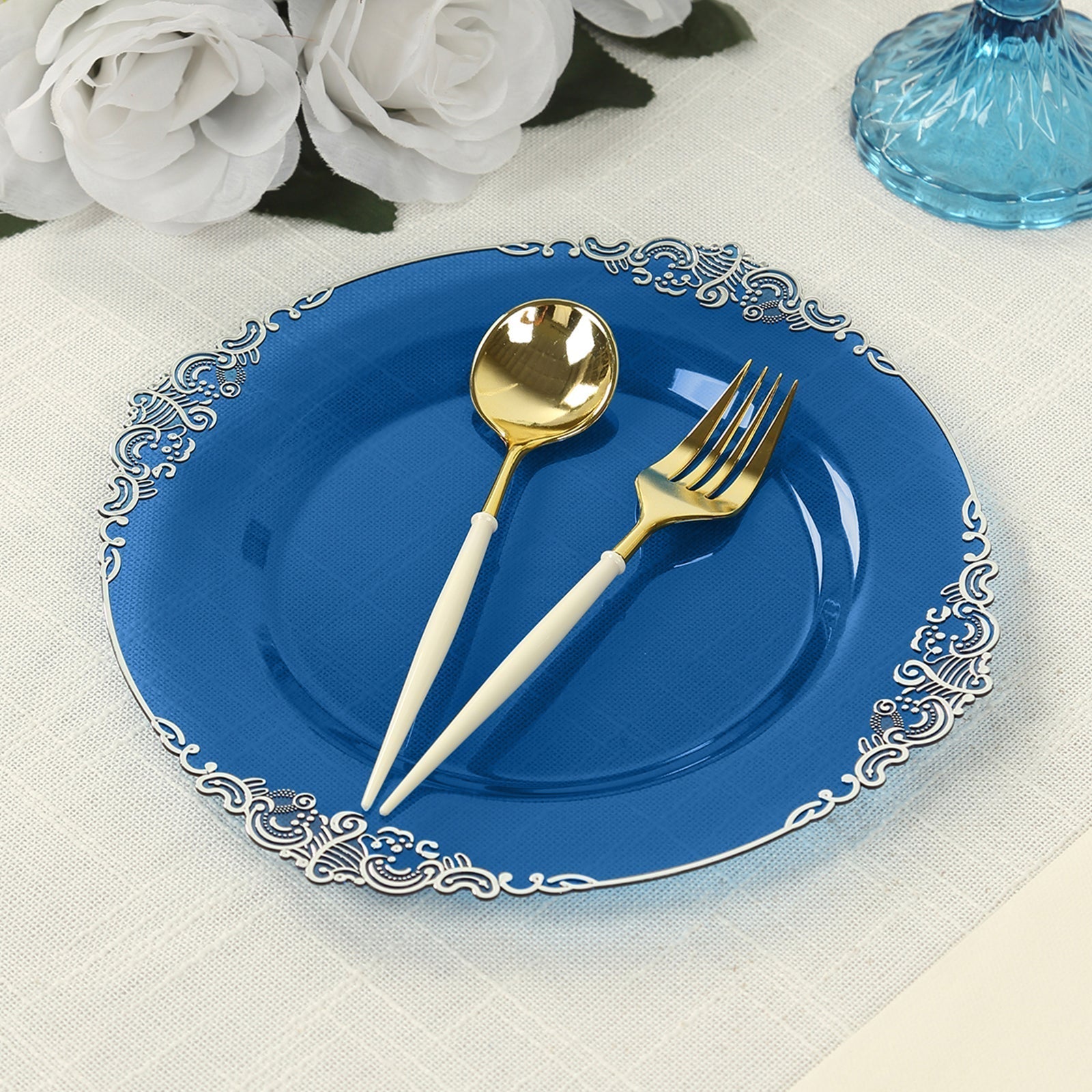 10 - Pack Plastic 8" Round Dessert Plates in Transparent Navy Blue with Silver Leaf Embossed Rim - Disposable Vintage Baroque Style Salad Plates - Bell Racket Store