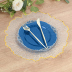 10 - Pack Plastic 8" Round Dessert Plates in Transparent Navy Blue with Silver Leaf Embossed Rim - Disposable Vintage Baroque Style Salad Plates - Bell Racket Store