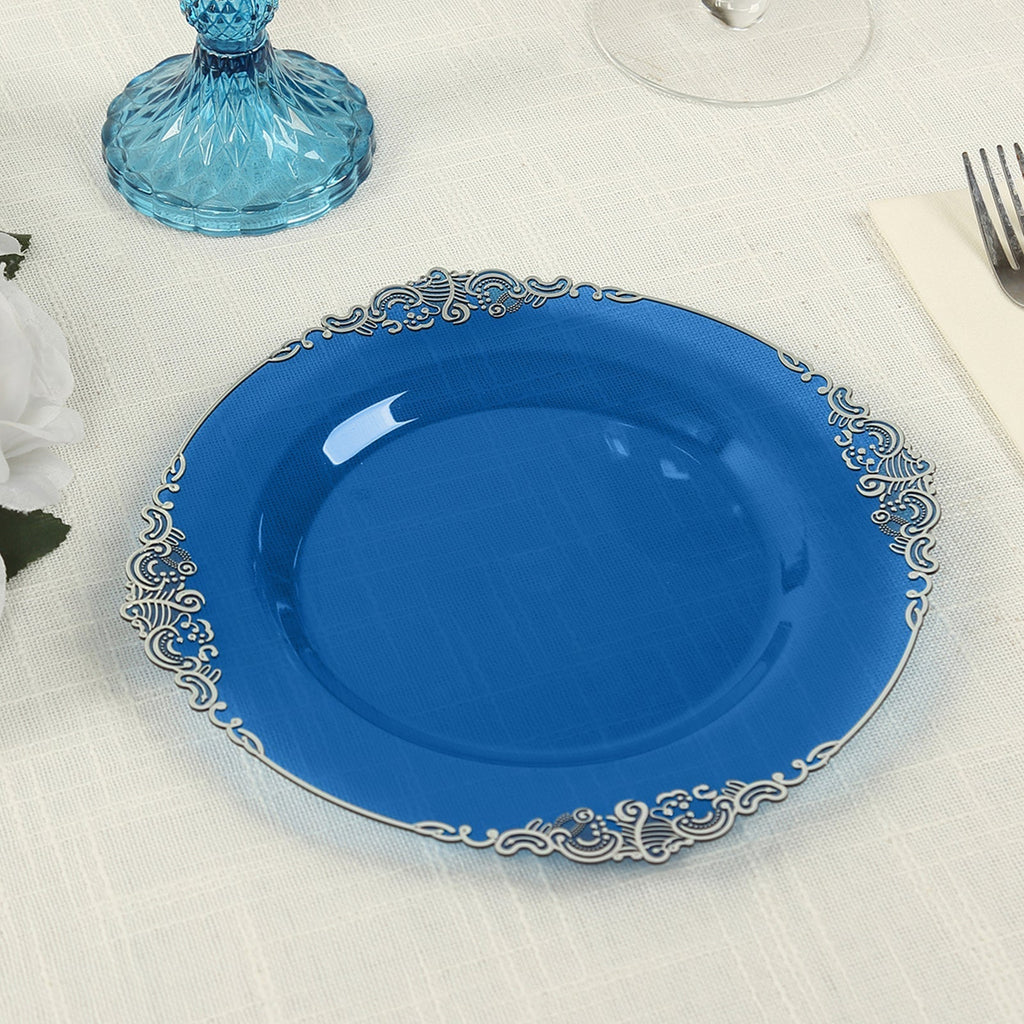 10 - Pack Plastic 8" Round Dessert Plates in Transparent Navy Blue with Silver Leaf Embossed Rim - Disposable Vintage Baroque Style Salad Plates - Bell Racket Store