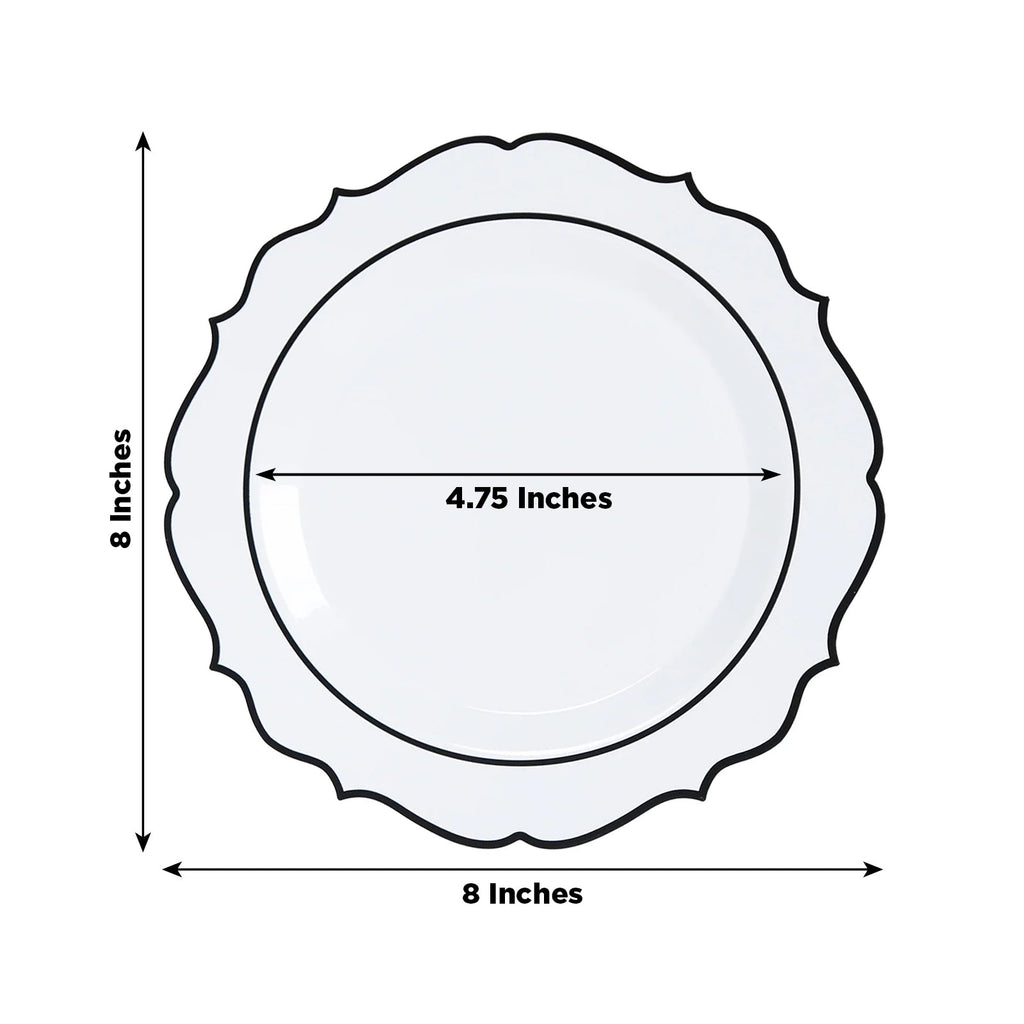 10 - Pack Plastic 8" Round Dessert Plates in White with Black Scalloped Rim - Disposable Appetizer/Salad Plates - Bell Racket Store
