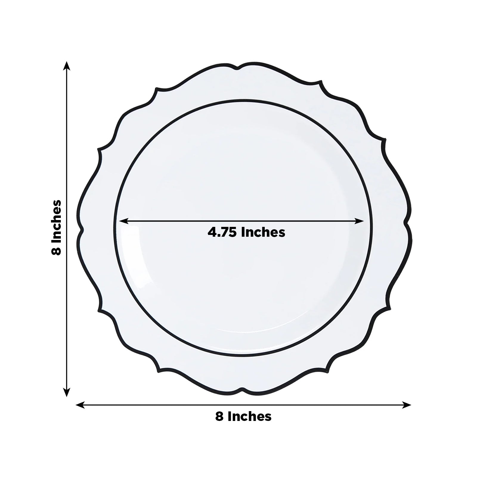 10 - Pack Plastic 8" Round Dessert Plates in White with Black Scalloped Rim - Disposable Appetizer/Salad Plates - Bell Racket Store