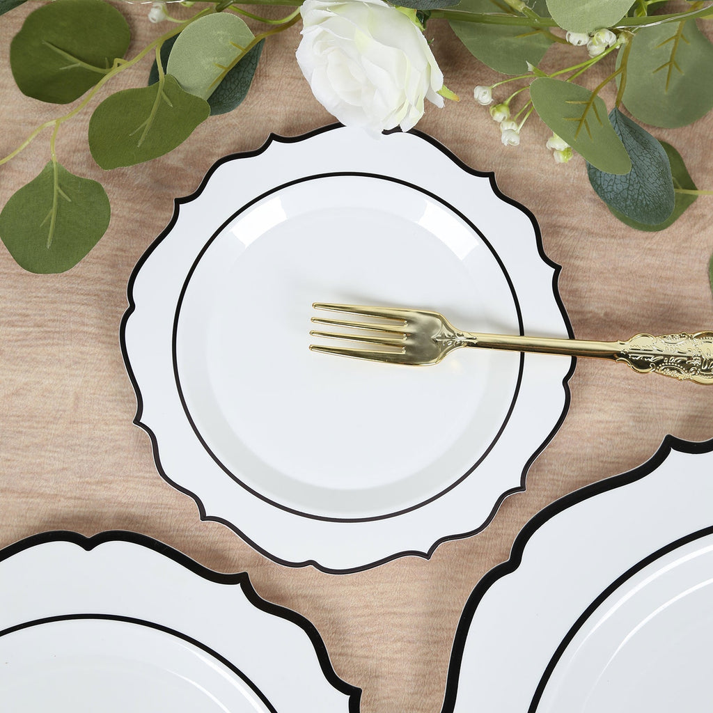 10 - Pack Plastic 8" Round Dessert Plates in White with Black Scalloped Rim - Disposable Appetizer/Salad Plates - Bell Racket Store