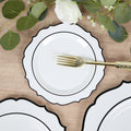 10 - Pack Plastic 8" Round Dessert Plates in White with Black Scalloped Rim - Disposable Appetizer/Salad Plates - Bell Racket Store