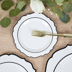 10 - Pack Plastic 8" Round Dessert Plates in White with Black Scalloped Rim - Disposable Appetizer/Salad Plates - Bell Racket Store