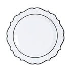 10 - Pack Plastic 8" Round Dessert Plates in White with Black Scalloped Rim - Disposable Appetizer/Salad Plates - Bell Racket Store