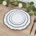 10 - Pack Plastic 8" Round Dessert Plates in White with Black Scalloped Rim - Disposable Appetizer/Salad Plates - Bell Racket Store