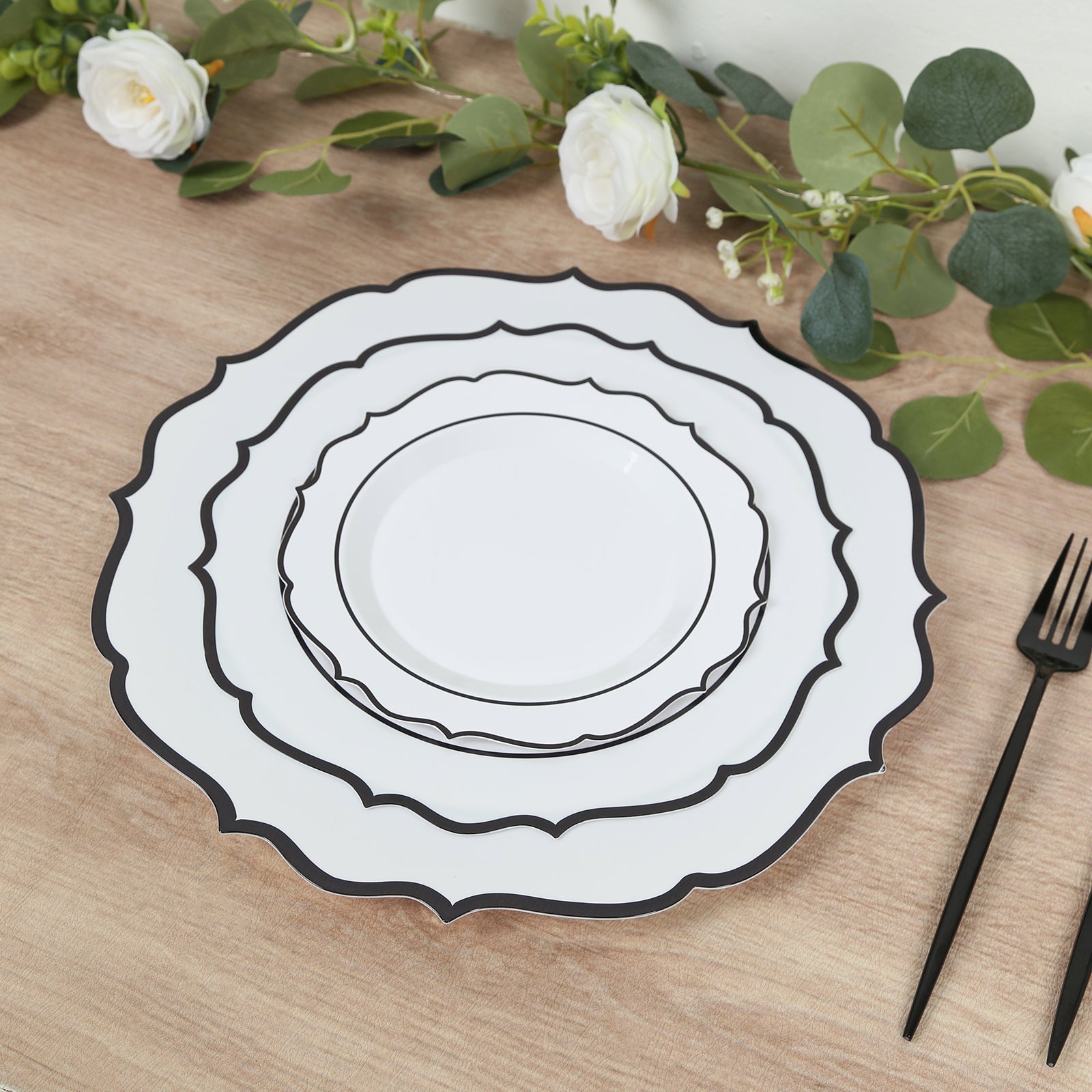 10 - Pack Plastic 8" Round Dessert Plates in White with Black Scalloped Rim - Disposable Appetizer/Salad Plates - Bell Racket Store