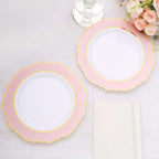 10 - Pack Plastic 8" Round Dessert Plates in White with Blush Blossom Design & Gold Edging - Disposable Salad Appetizer Plates - Bell Racket Store