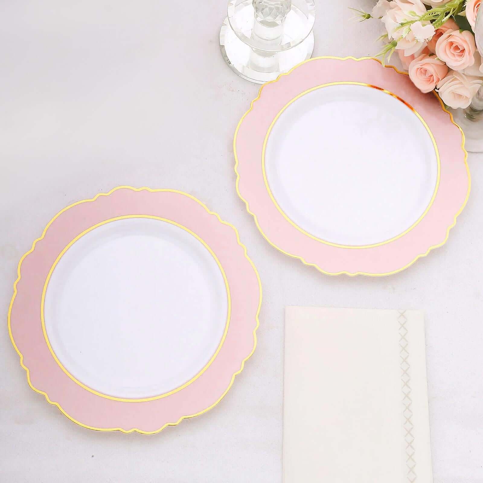 10 - Pack Plastic 8" Round Dessert Plates in White with Blush Blossom Design & Gold Edging - Disposable Salad Appetizer Plates - Bell Racket Store