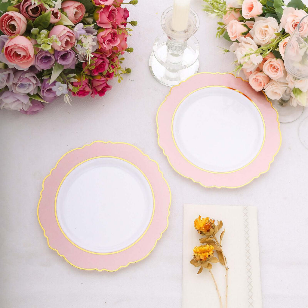 10 - Pack Plastic 8" Round Dessert Plates in White with Blush Blossom Design & Gold Edging - Disposable Salad Appetizer Plates - Bell Racket Store