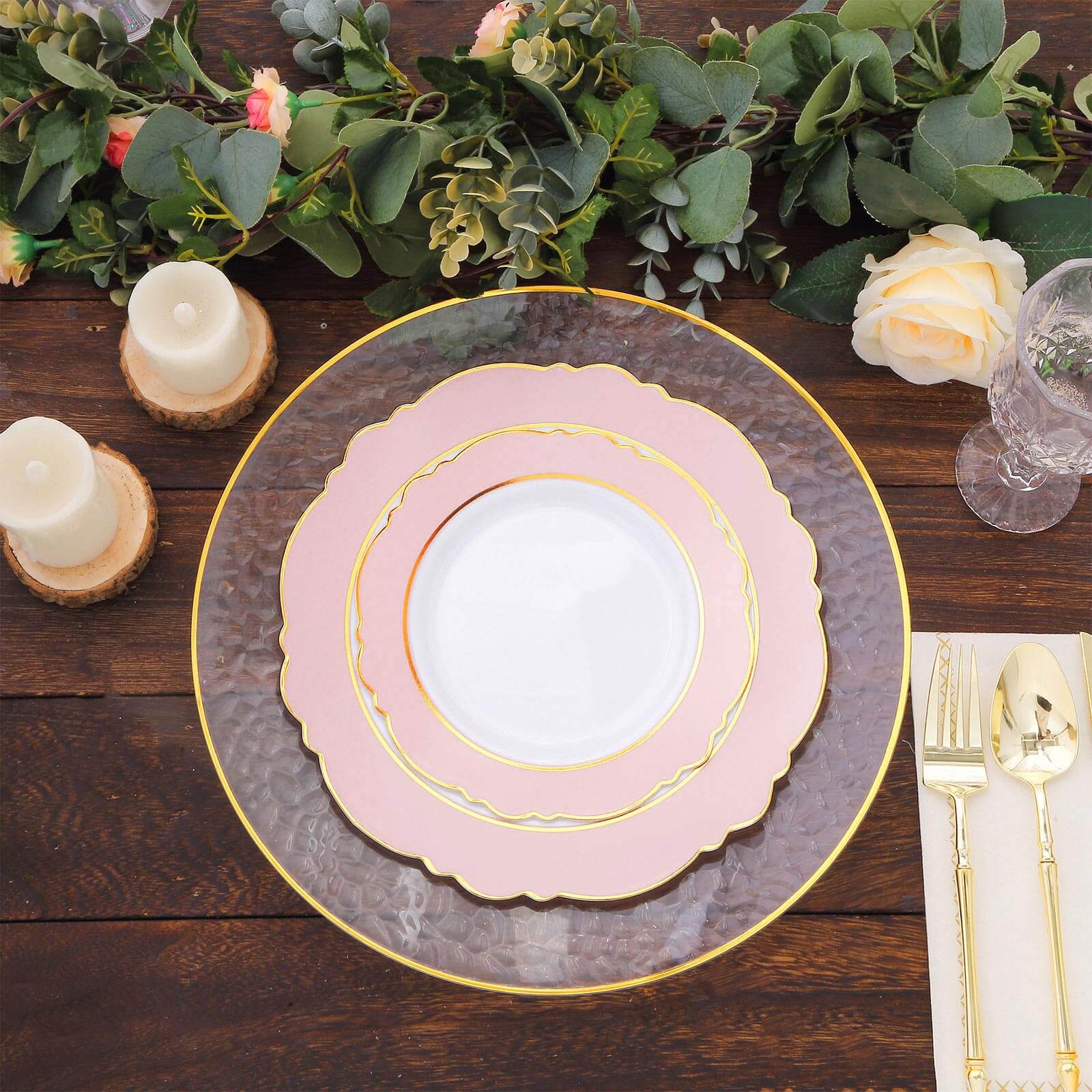 10 - Pack Plastic 8" Round Dessert Plates in White with Blush Blossom Design & Gold Edging - Disposable Salad Appetizer Plates - Bell Racket Store