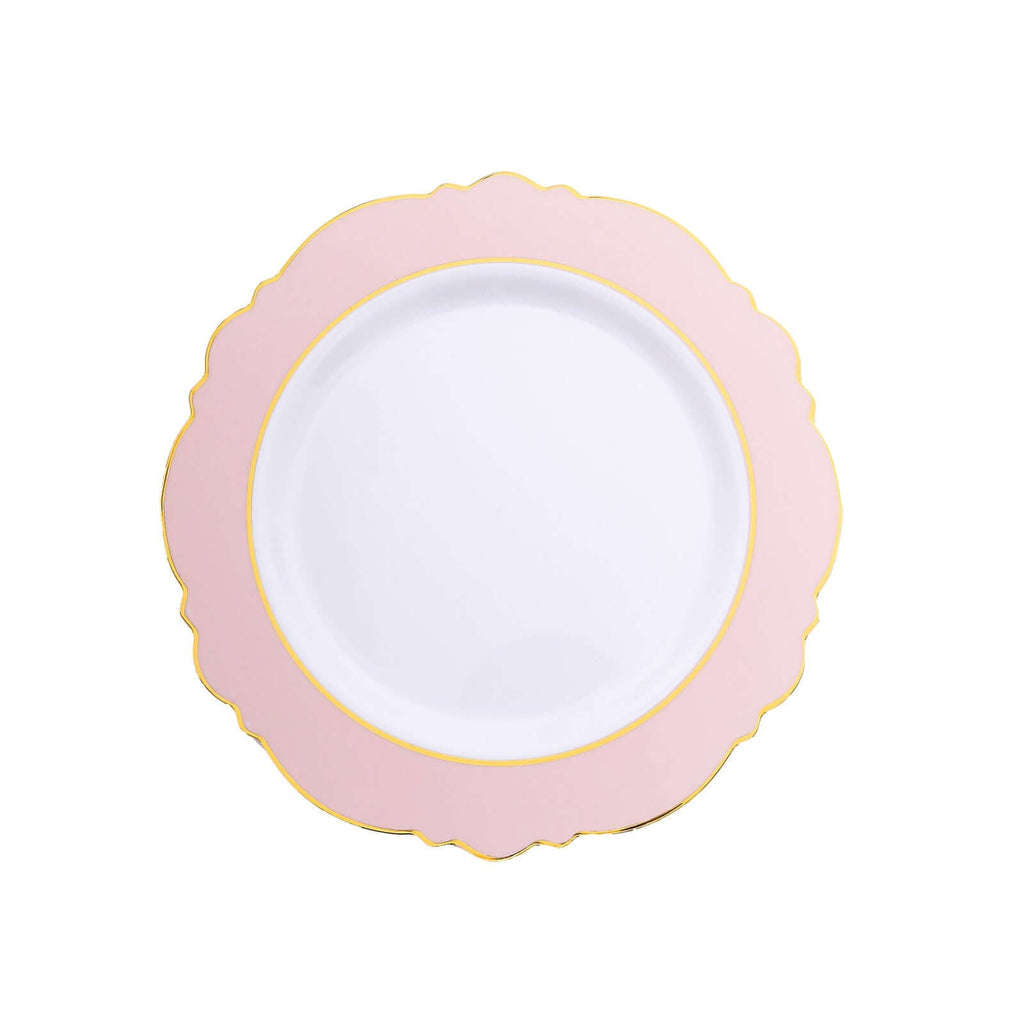 10 - Pack Plastic 8" Round Dessert Plates in White with Blush Blossom Design & Gold Edging - Disposable Salad Appetizer Plates - Bell Racket Store