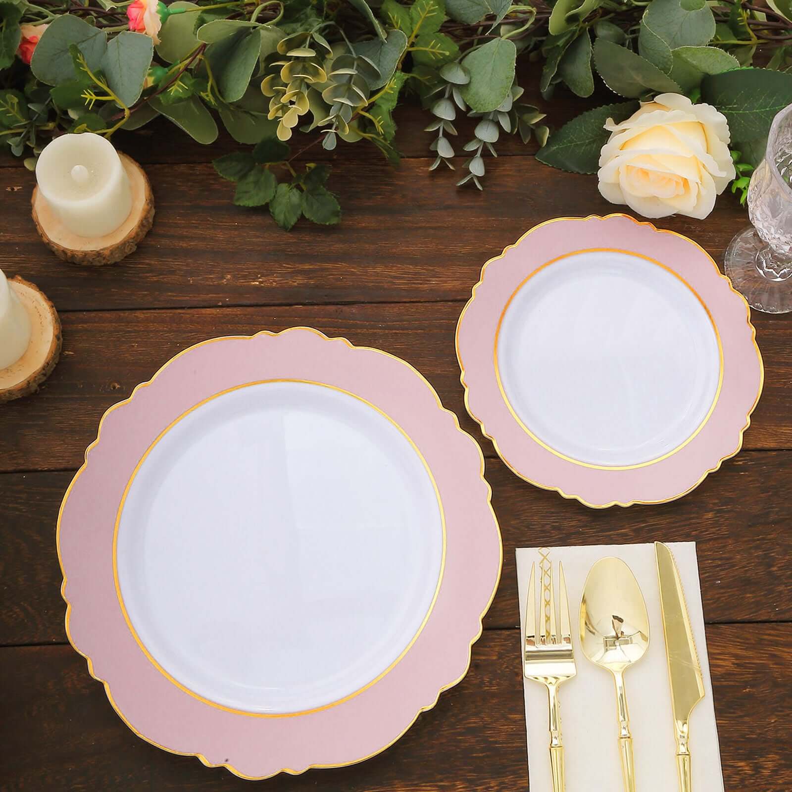 10 - Pack Plastic 8" Round Dessert Plates in White with Blush Blossom Design & Gold Edging - Disposable Salad Appetizer Plates - Bell Racket Store