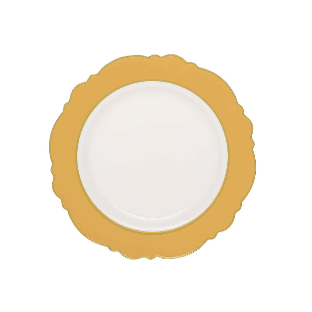 10 - Pack Plastic 8" Round Dessert Plates in White with Gold Blossom Design & Gold Edging - Disposable Salad Appetizer Plates for Modern & Classy Table Decor - Bell Racket Store