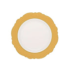 10 - Pack Plastic 8" Round Dessert Plates in White with Gold Blossom Design & Gold Edging - Disposable Salad Appetizer Plates for Modern & Classy Table Decor - Bell Racket Store