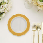 10 - Pack Plastic 8" Round Dessert Plates in White with Gold Blossom Design & Gold Edging - Disposable Salad Appetizer Plates for Modern & Classy Table Decor - Bell Racket Store