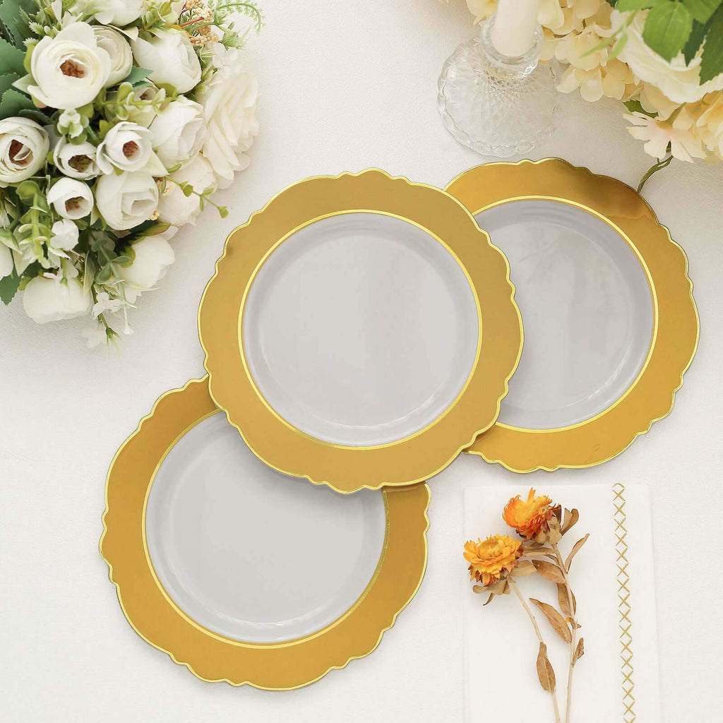 10 - Pack Plastic 8" Round Dessert Plates in White with Gold Blossom Design & Gold Edging - Disposable Salad Appetizer Plates for Modern & Classy Table Decor - Bell Racket Store
