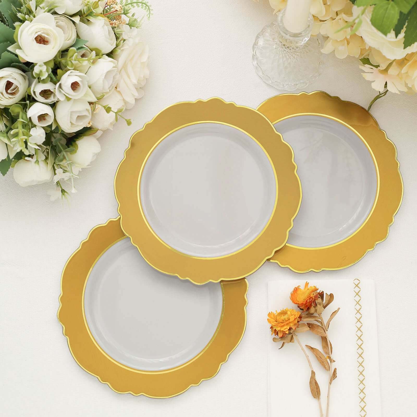 10 - Pack Plastic 8" Round Dessert Plates in White with Gold Blossom Design & Gold Edging - Disposable Salad Appetizer Plates for Modern & Classy Table Decor - Bell Racket Store