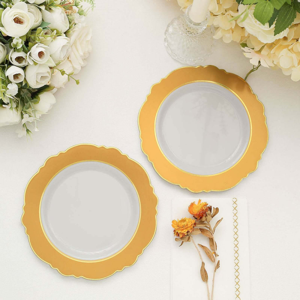 10 - Pack Plastic 8" Round Dessert Plates in White with Gold Blossom Design & Gold Edging - Disposable Salad Appetizer Plates for Modern & Classy Table Decor - Bell Racket Store