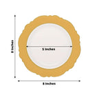 10 - Pack Plastic 8" Round Dessert Plates in White with Gold Blossom Design & Gold Edging - Disposable Salad Appetizer Plates for Modern & Classy Table Decor - Bell Racket Store