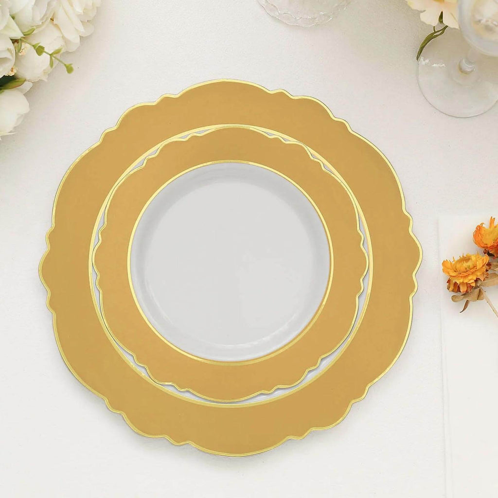 10 - Pack Plastic 8" Round Dessert Plates in White with Gold Blossom Design & Gold Edging - Disposable Salad Appetizer Plates for Modern & Classy Table Decor - Bell Racket Store
