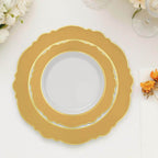 10 - Pack Plastic 8" Round Dessert Plates in White with Gold Blossom Design & Gold Edging - Disposable Salad Appetizer Plates for Modern & Classy Table Decor - Bell Racket Store