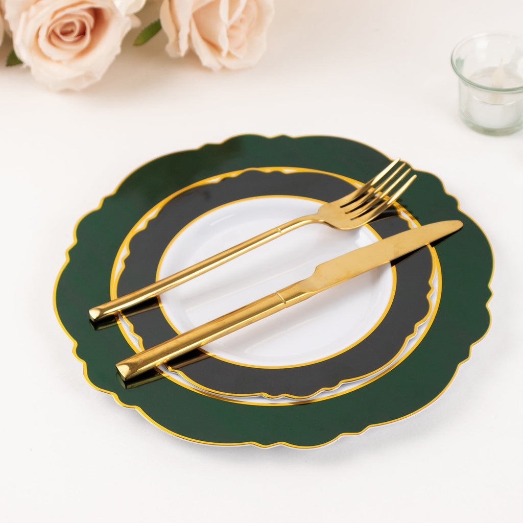 10 - Pack Plastic 8" Round Dessert Plates in White with Hunter Emerald Green Blossom Design & Gold Edging - Disposable Salad Appetizer Plates - Bell Racket Store