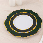 10 - Pack Plastic 8" Round Dessert Plates in White with Hunter Emerald Green Blossom Design & Gold Edging - Disposable Salad Appetizer Plates - Bell Racket Store