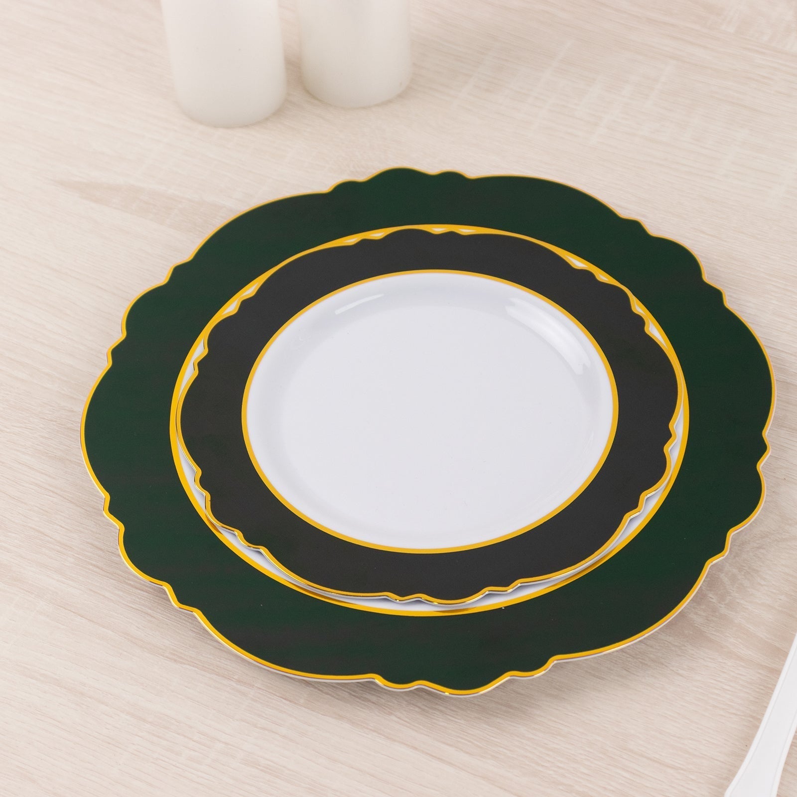 10 - Pack Plastic 8" Round Dessert Plates in White with Hunter Emerald Green Blossom Design & Gold Edging - Disposable Salad Appetizer Plates - Bell Racket Store