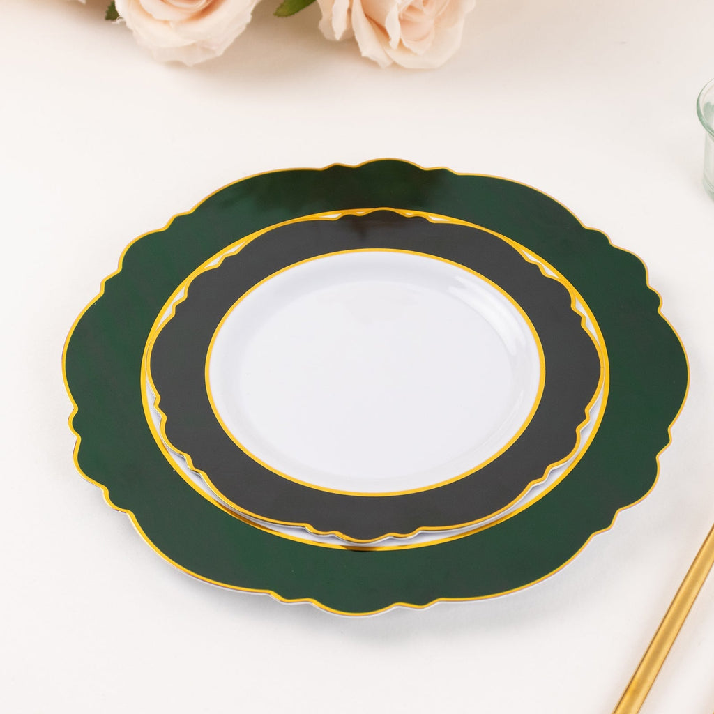 10 - Pack Plastic 8" Round Dessert Plates in White with Hunter Emerald Green Blossom Design & Gold Edging - Disposable Salad Appetizer Plates - Bell Racket Store