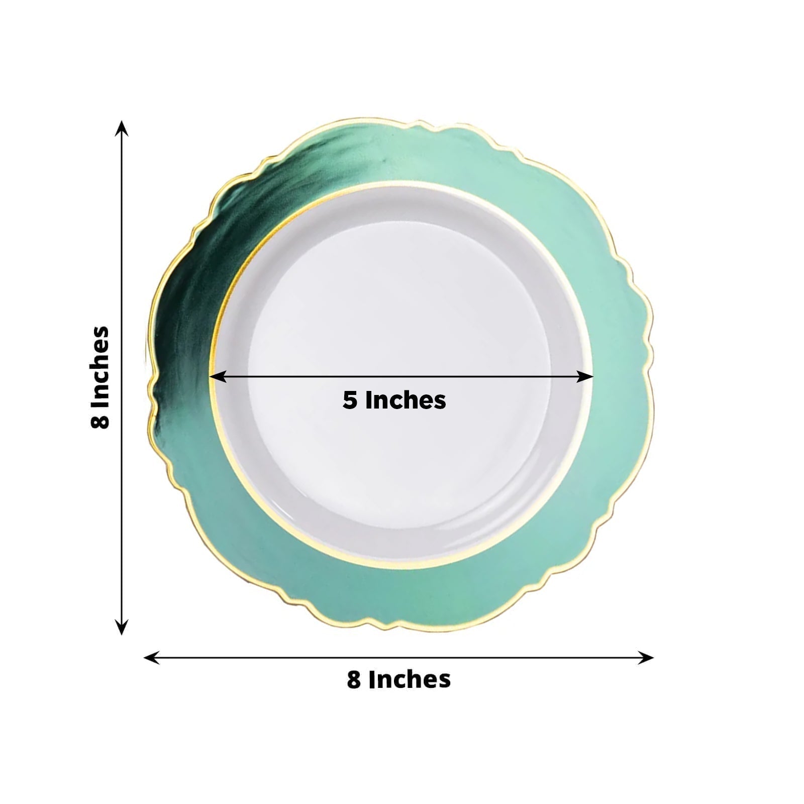 10 - Pack Plastic 8" Round Dessert Plates in White with Hunter Emerald Green Blossom Design & Gold Edging - Disposable Salad Appetizer Plates - Bell Racket Store