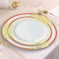 10 - Pack Plastic 8" Round Dessert Plates in White with Red Rim - Stylish Gold Vine Design Disposable Salad/Appetizer Plates for Special Occasions & Celebrations - Bell Racket Store