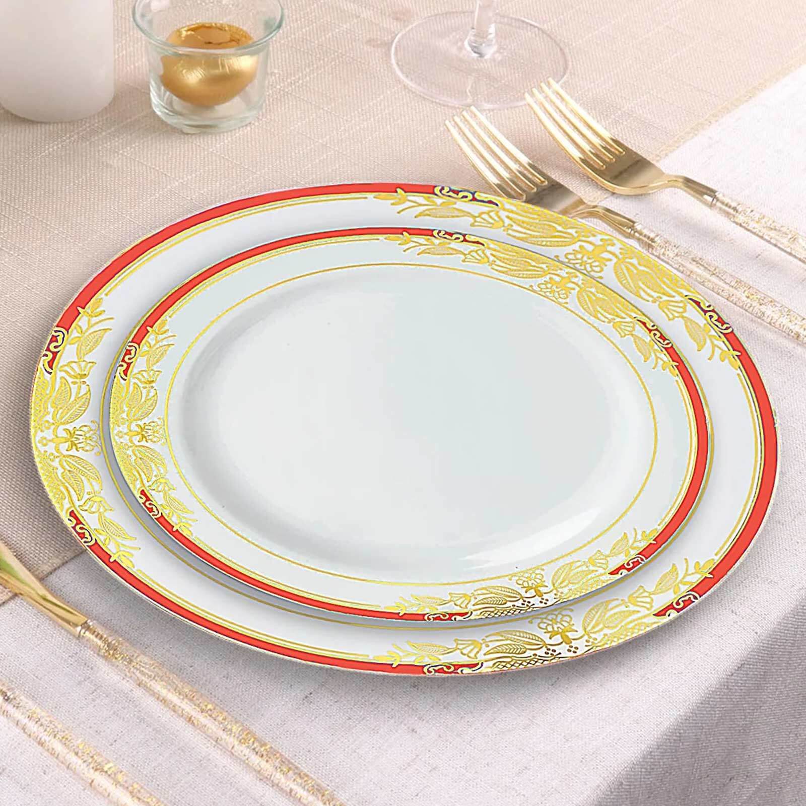 10 - Pack Plastic 8" Round Dessert Plates in White with Red Rim - Stylish Gold Vine Design Disposable Salad/Appetizer Plates for Special Occasions & Celebrations - Bell Racket Store