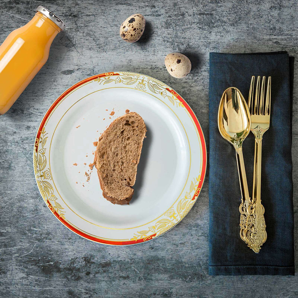 10 - Pack Plastic 8" Round Dessert Plates in White with Red Rim - Stylish Gold Vine Design Disposable Salad/Appetizer Plates for Special Occasions & Celebrations - Bell Racket Store