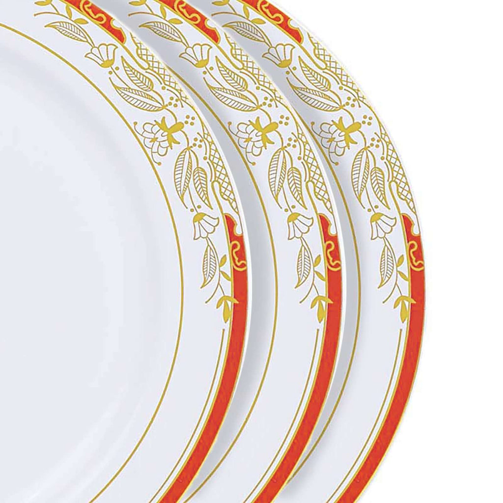 10 - Pack Plastic 8" Round Dessert Plates in White with Red Rim - Stylish Gold Vine Design Disposable Salad/Appetizer Plates for Special Occasions & Celebrations - Bell Racket Store