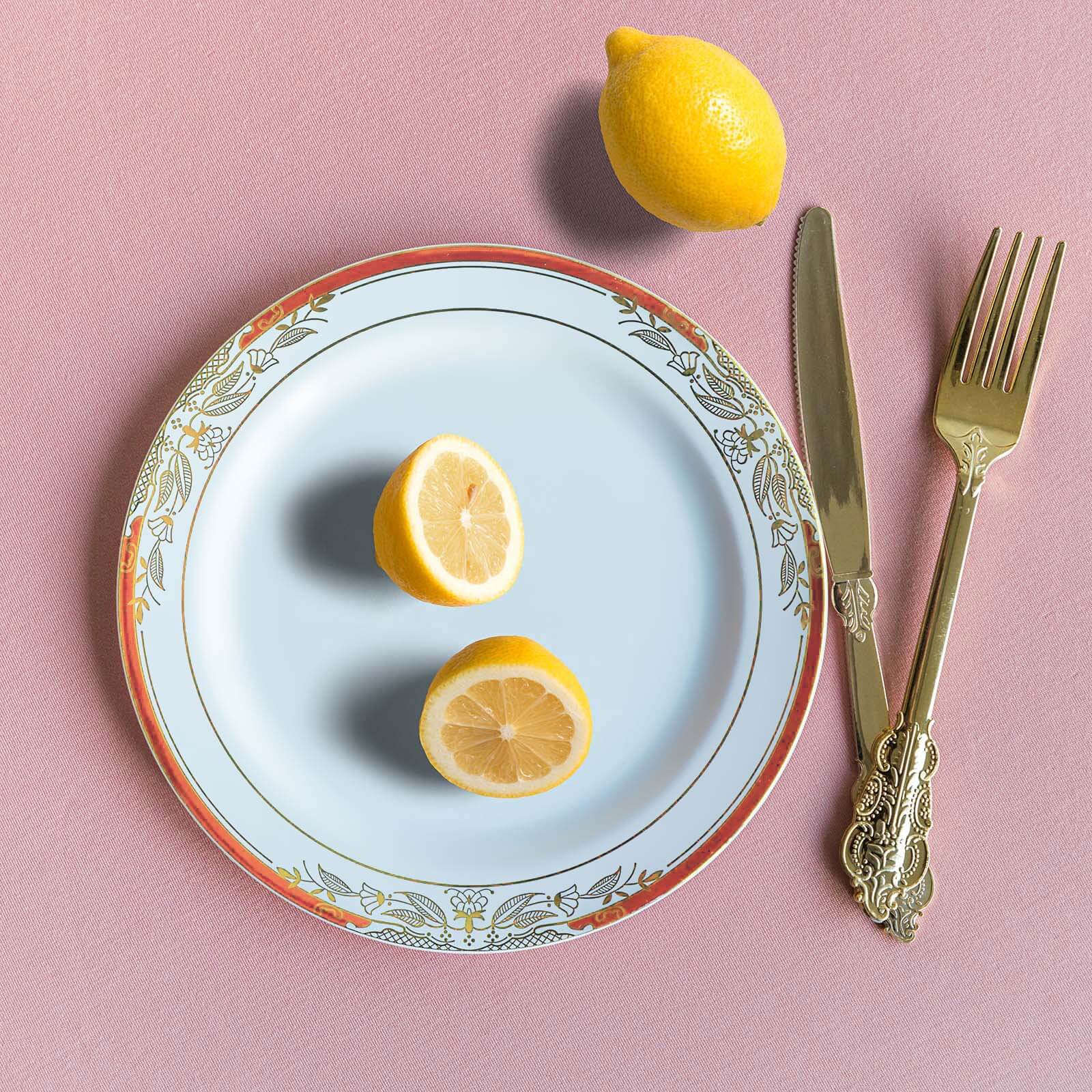 10 - Pack Plastic 8" Round Dessert Plates in White with Red Rim - Stylish Gold Vine Design Disposable Salad/Appetizer Plates for Special Occasions & Celebrations - Bell Racket Store