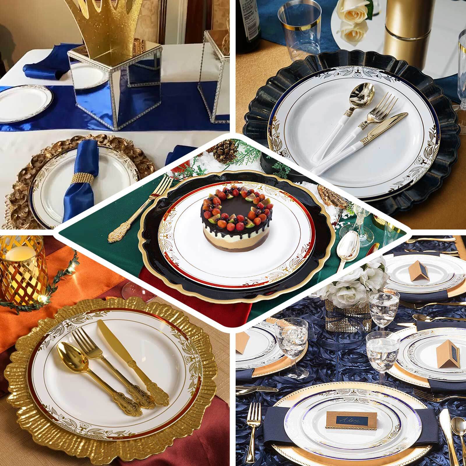 10 - Pack Plastic 8" Round Dessert Plates in White with Red Rim - Stylish Gold Vine Design Disposable Salad/Appetizer Plates for Special Occasions & Celebrations - Bell Racket Store