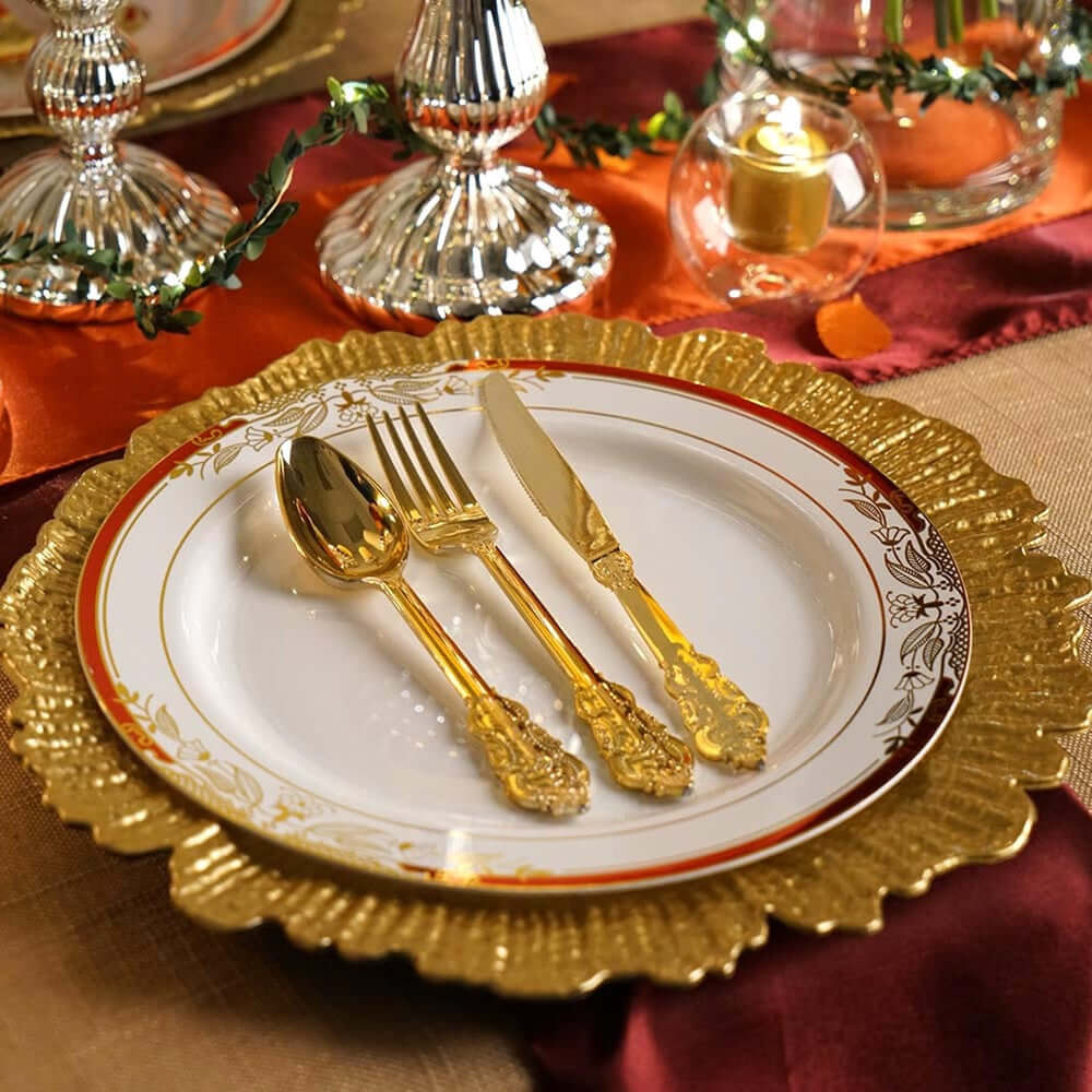 10 - Pack Plastic 8" Round Dessert Plates in White with Red Rim - Stylish Gold Vine Design Disposable Salad/Appetizer Plates for Special Occasions & Celebrations - Bell Racket Store