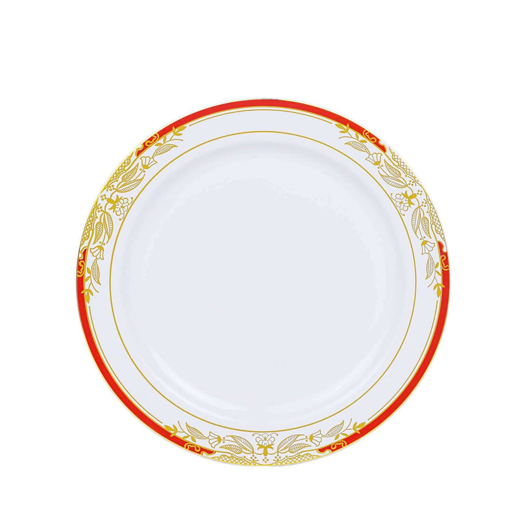 10 - Pack Plastic 8" Round Dessert Plates in White with Red Rim - Stylish Gold Vine Design Disposable Salad/Appetizer Plates for Special Occasions & Celebrations - Bell Racket Store